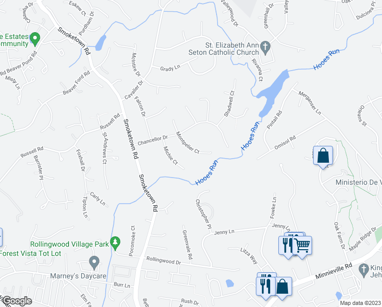 map of restaurants, bars, coffee shops, grocery stores, and more near 13012 Montpelier Court in Woodbridge