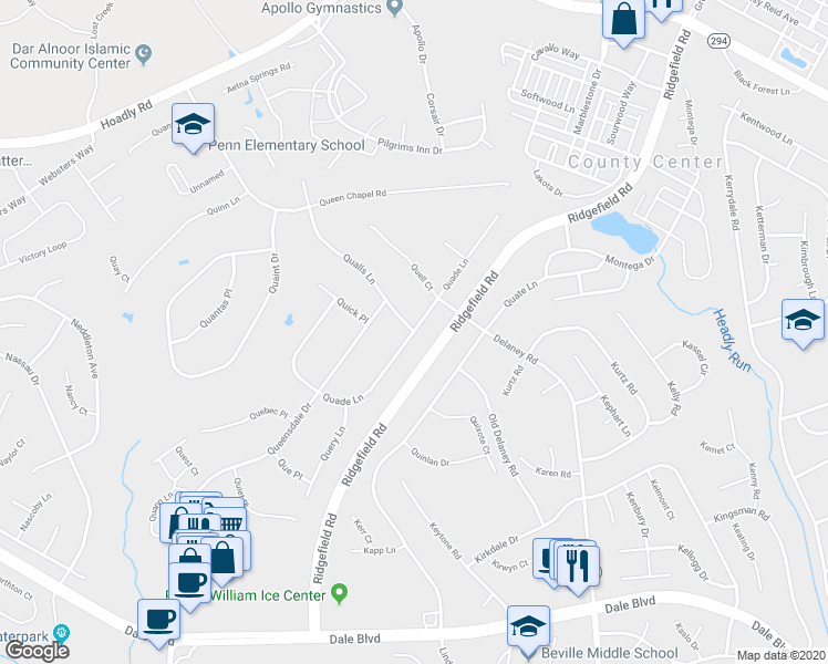 map of restaurants, bars, coffee shops, grocery stores, and more near 13100 Quade Lane in Dale City