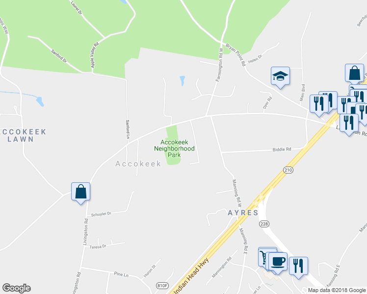 map of restaurants, bars, coffee shops, grocery stores, and more near 806 Naeve Court in Accokeek