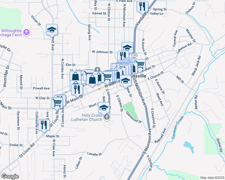map of restaurants, bars, coffee shops, grocery stores, and more near 207 West Church Street in Collinsville