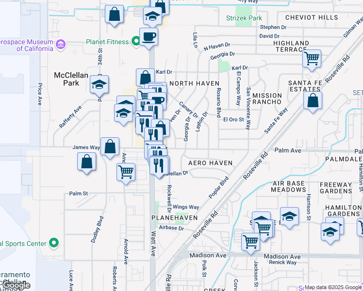 map of restaurants, bars, coffee shops, grocery stores, and more near 3651 A Street in North Highlands