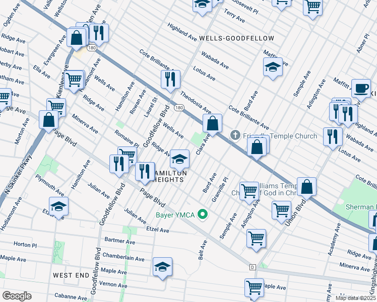 map of restaurants, bars, coffee shops, grocery stores, and more near 1429 Clara Avenue in St. Louis