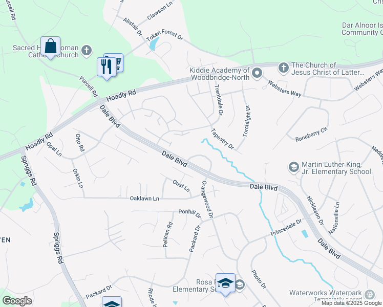 map of restaurants, bars, coffee shops, grocery stores, and more near 6204 Trident Lane in Woodbridge