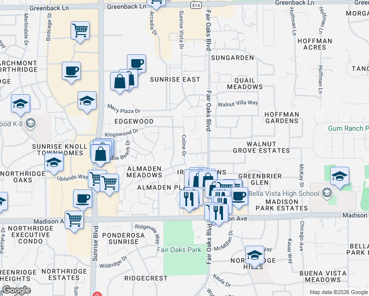 map of restaurants, bars, coffee shops, grocery stores, and more near 5619 Celine Drive in Citrus Heights