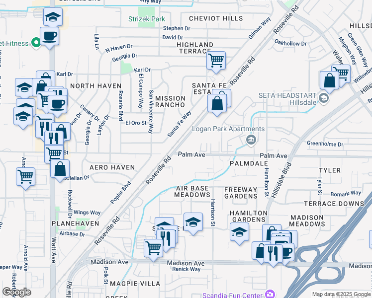 map of restaurants, bars, coffee shops, grocery stores, and more near 5626 Roseville Road in Sacramento