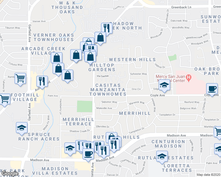 map of restaurants, bars, coffee shops, grocery stores, and more near 6211 Vía Casitas in Carmichael