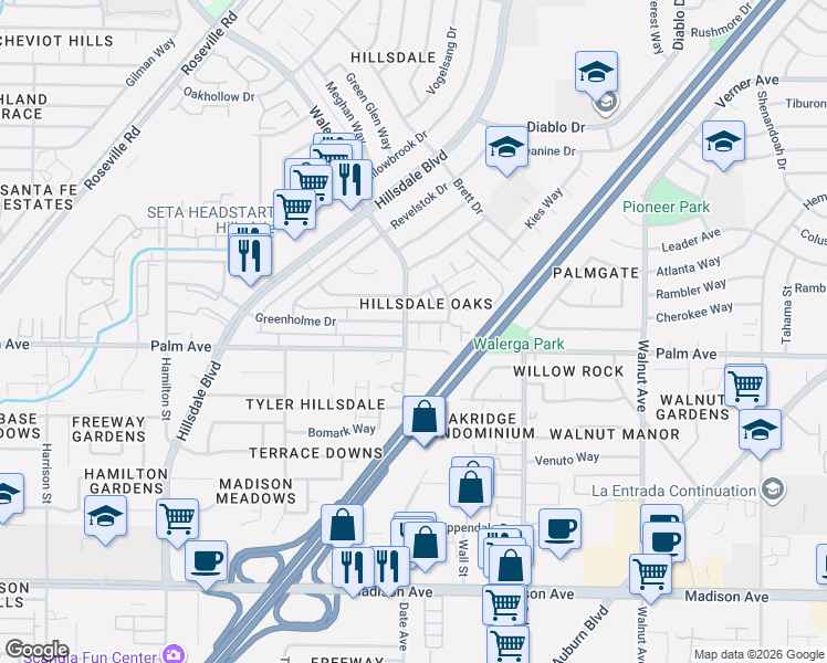 map of restaurants, bars, coffee shops, grocery stores, and more near 5600 Walerga Road in Sacramento