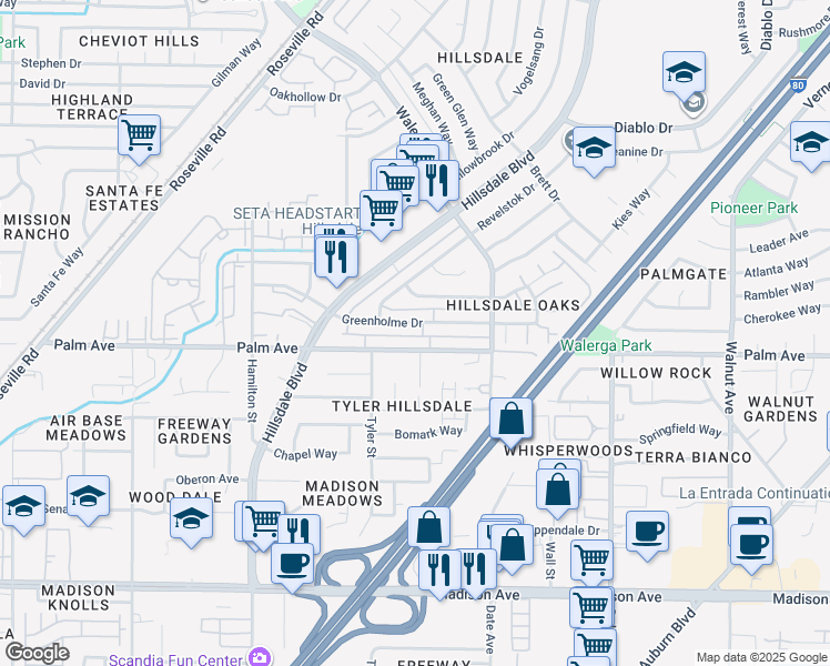 map of restaurants, bars, coffee shops, grocery stores, and more near 4537 Palm Avenue in Sacramento