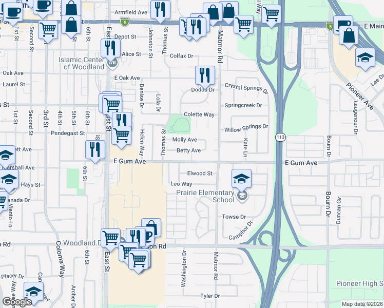 map of restaurants, bars, coffee shops, grocery stores, and more near 1345 East Gum Avenue in Woodland