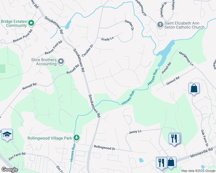 map of restaurants, bars, coffee shops, grocery stores, and more near 13057 Michie Court in Woodbridge