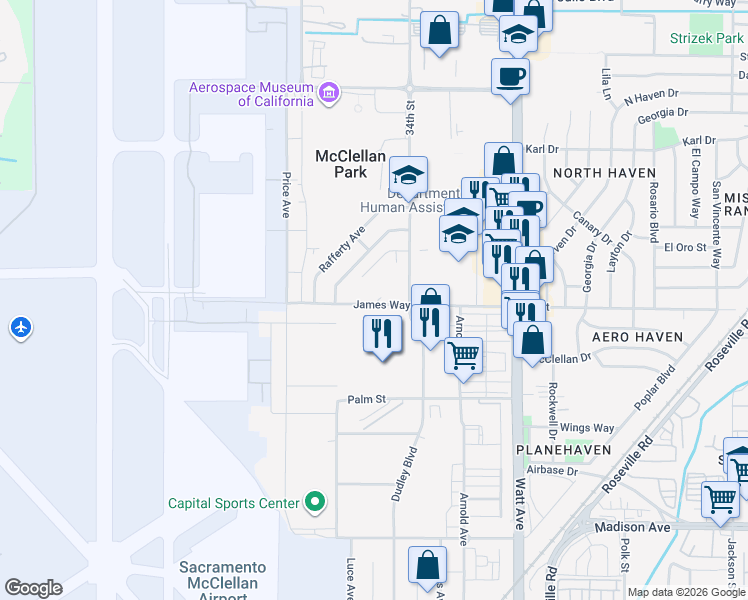 map of restaurants, bars, coffee shops, grocery stores, and more near 3201 James Way in McClellan Park
