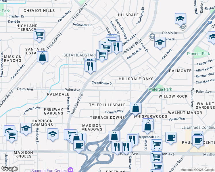 map of restaurants, bars, coffee shops, grocery stores, and more near 4512 Greenholme Drive in Sacramento