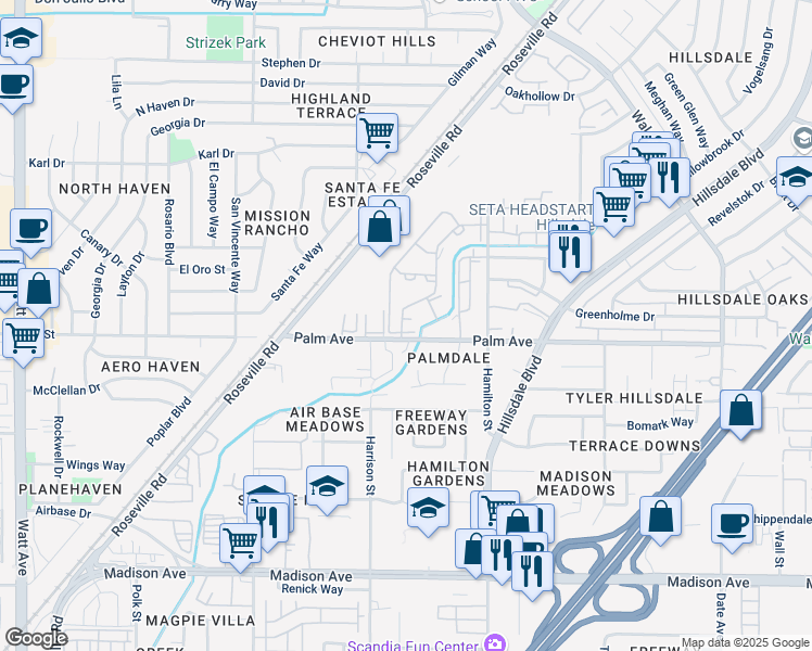 map of restaurants, bars, coffee shops, grocery stores, and more near 4141 Palm Avenue in Sacramento