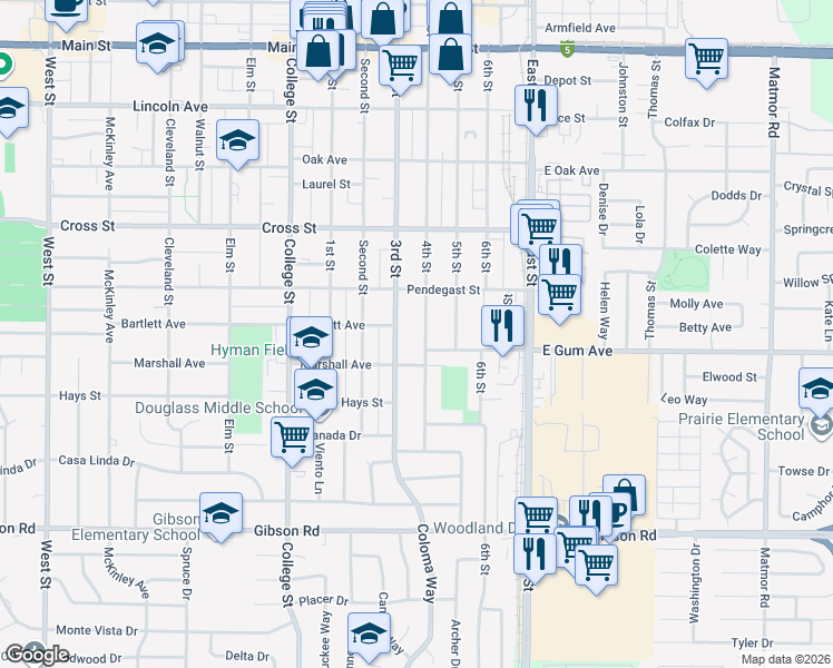 map of restaurants, bars, coffee shops, grocery stores, and more near 914 4th Street in Woodland
