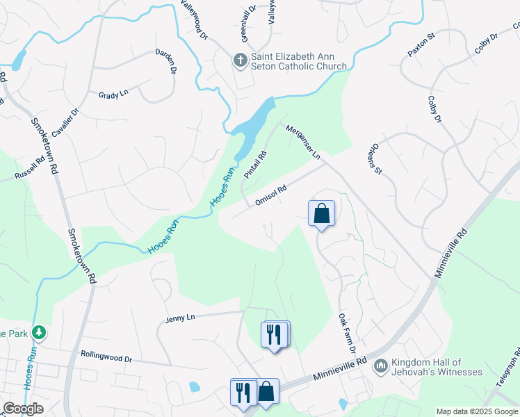 map of restaurants, bars, coffee shops, grocery stores, and more near 2735 Omisol Road in Woodbridge