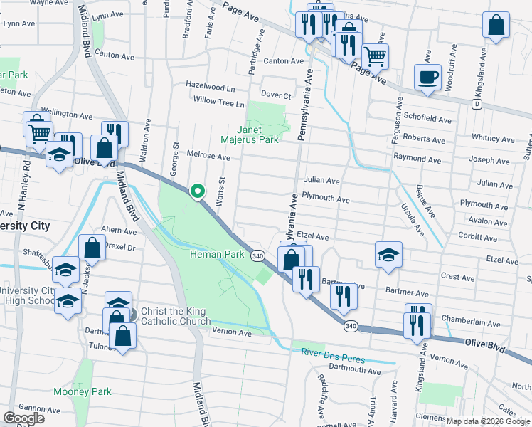 map of restaurants, bars, coffee shops, grocery stores, and more near 7053 Arcadia Avenue in University City