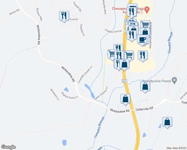 map of restaurants, bars, coffee shops, grocery stores, and more near 7207 Amber Queen Court in Brandywine