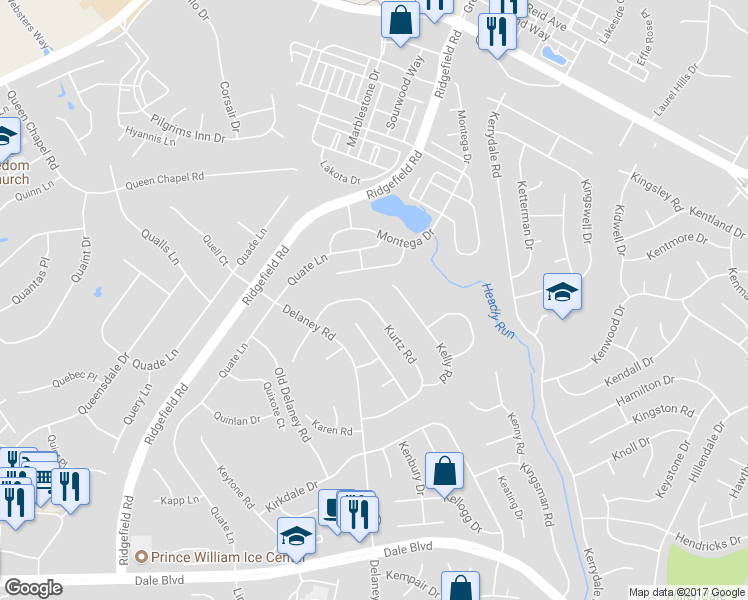 map of restaurants, bars, coffee shops, grocery stores, and more near 13223 Kurtz Road in Woodbridge
