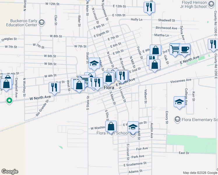map of restaurants, bars, coffee shops, grocery stores, and more near in Flora