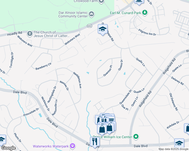 map of restaurants, bars, coffee shops, grocery stores, and more near 5436 Quaint Drive in Woodbridge