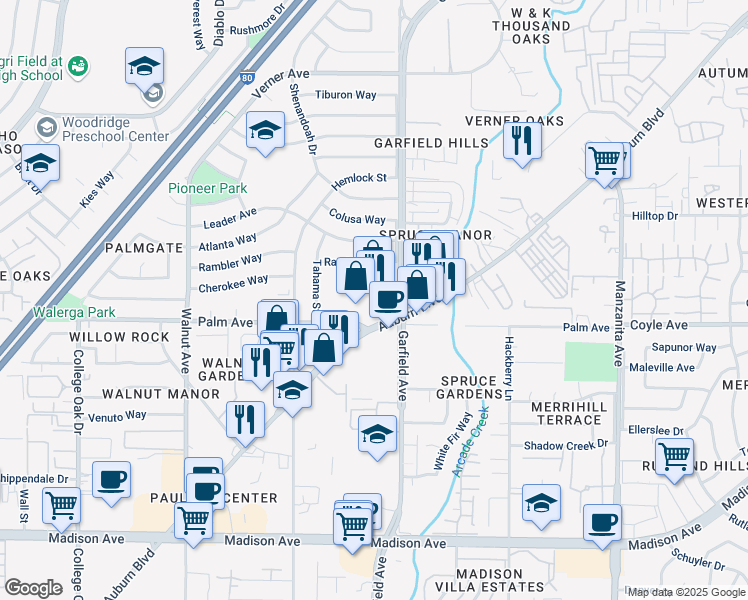 map of restaurants, bars, coffee shops, grocery stores, and more near 5445 Auburn Boulevard in Sacramento