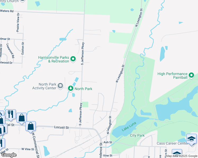 map of restaurants, bars, coffee shops, grocery stores, and more near 2001 South Jefferson Parkway in Harrisonville