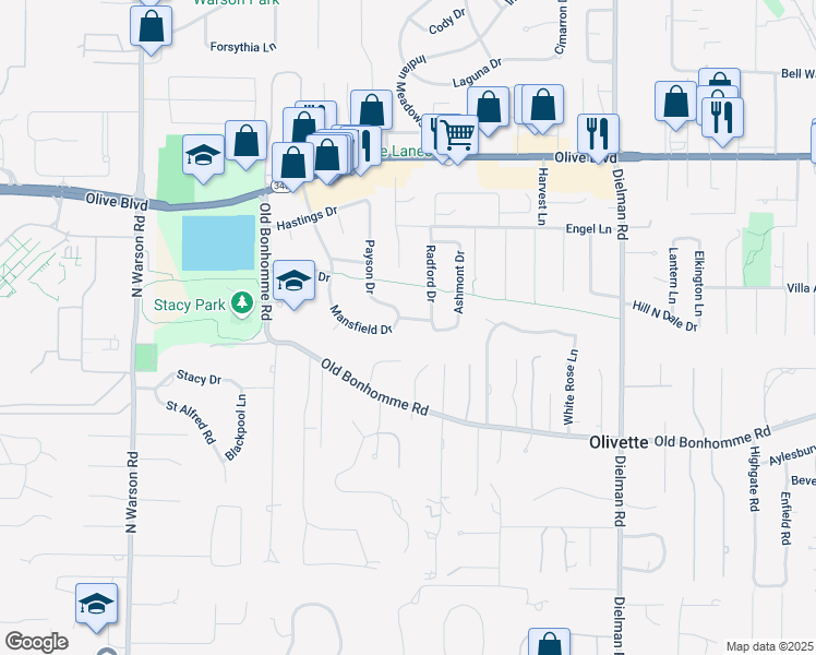 map of restaurants, bars, coffee shops, grocery stores, and more near 9638 Mansfield Drive in Olivette