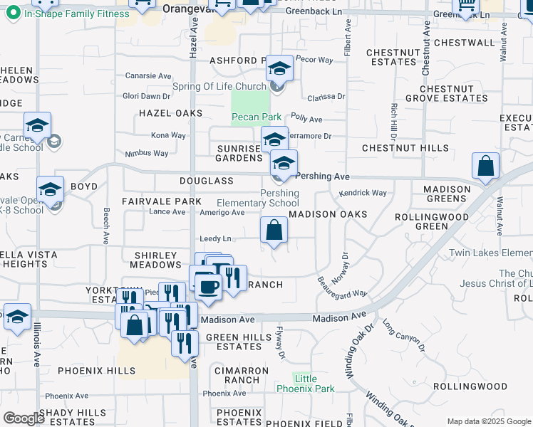 map of restaurants, bars, coffee shops, grocery stores, and more near 5624 Pecan Avenue in Orangevale