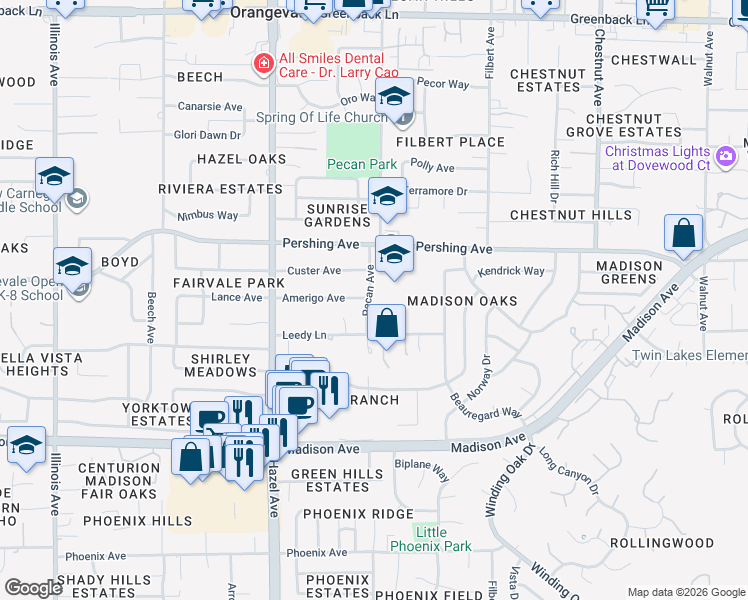 map of restaurants, bars, coffee shops, grocery stores, and more near 5624 Pecan Avenue in Orangevale
