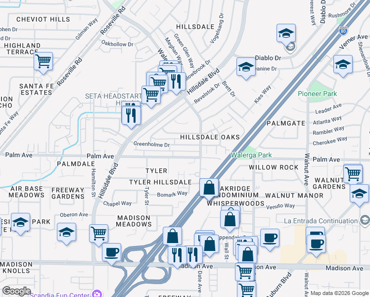 map of restaurants, bars, coffee shops, grocery stores, and more near 4600 Greenholme Drive in Sacramento