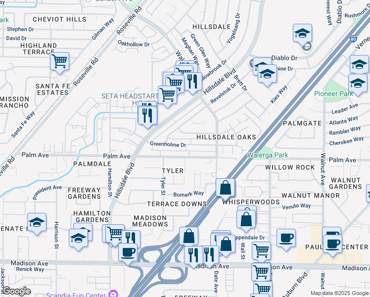 map of restaurants, bars, coffee shops, grocery stores, and more near 4537 Palm Avenue in Sacramento