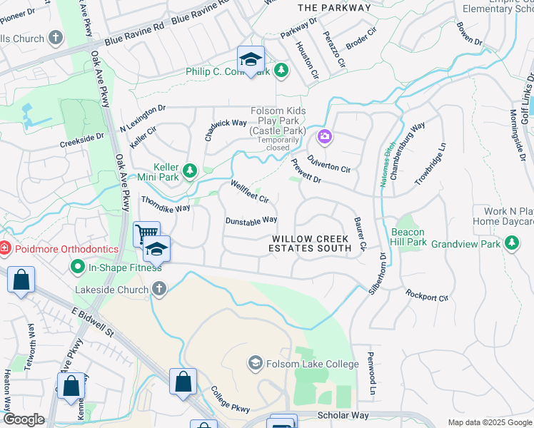 map of restaurants, bars, coffee shops, grocery stores, and more near 136 Dunstable Way in Folsom