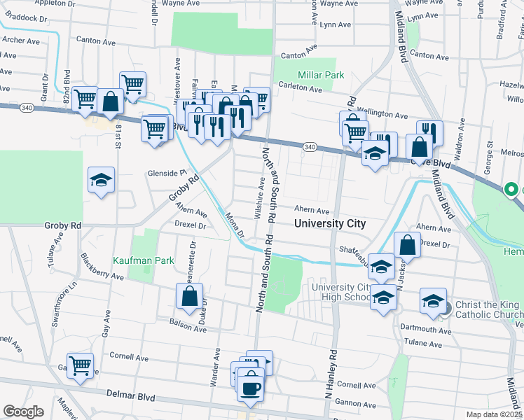 map of restaurants, bars, coffee shops, grocery stores, and more near 1080 North and South Road in University City