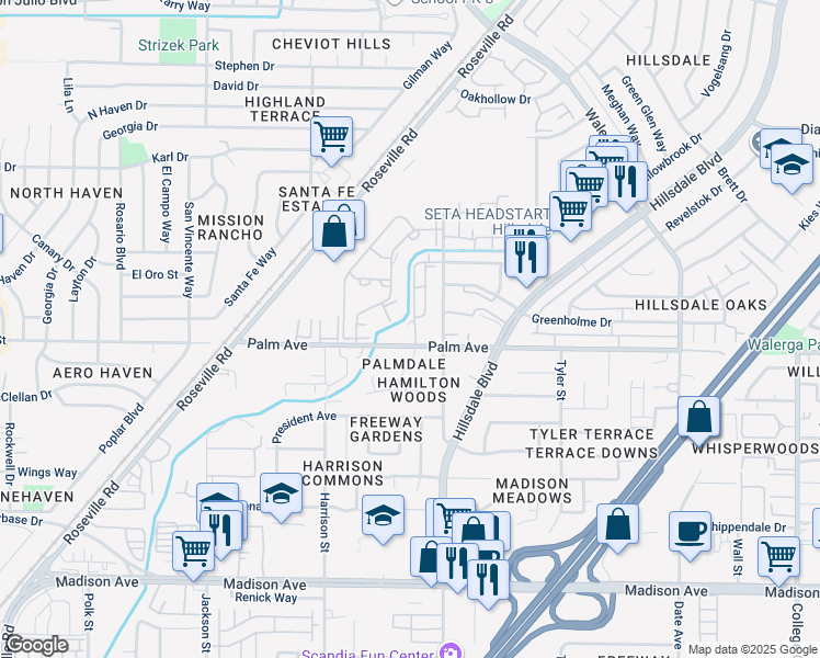 map of restaurants, bars, coffee shops, grocery stores, and more near 4215 Palm Avenue in Sacramento