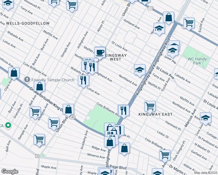 map of restaurants, bars, coffee shops, grocery stores, and more near 5144 Wabada Avenue in St. Louis