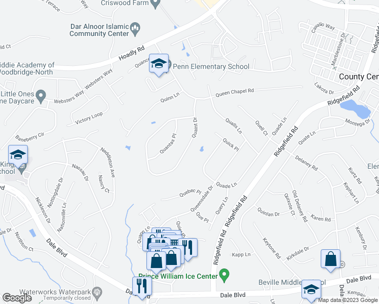 map of restaurants, bars, coffee shops, grocery stores, and more near 5470 Quaint Drive in Woodbridge