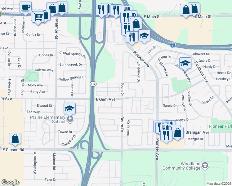map of restaurants, bars, coffee shops, grocery stores, and more near 57 Kiska Drive in Woodland