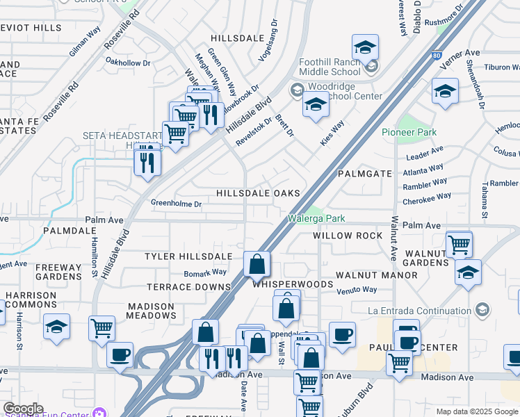 map of restaurants, bars, coffee shops, grocery stores, and more near 5600 Walerga Road in Sacramento