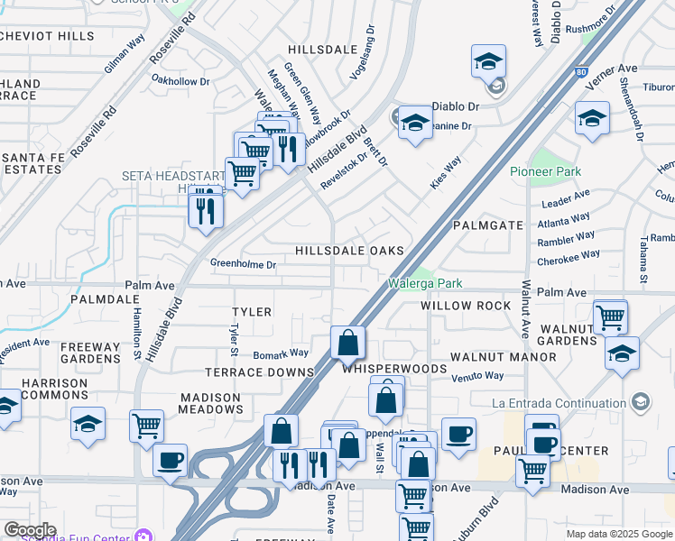 map of restaurants, bars, coffee shops, grocery stores, and more near 5600 Walerga Road in Sacramento