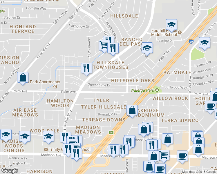 map of restaurants, bars, coffee shops, grocery stores, and more near 4537 Palm Avenue in Sacramento