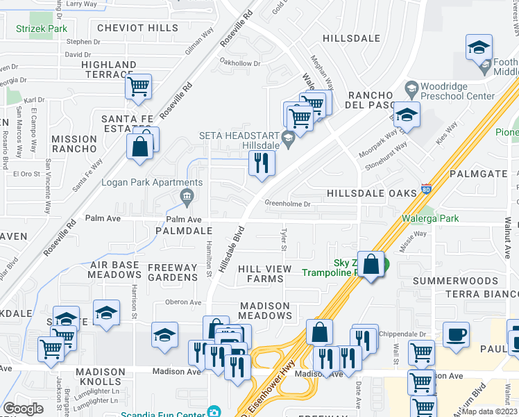 map of restaurants, bars, coffee shops, grocery stores, and more near 5560 Hillsdale Boulevard in Sacramento