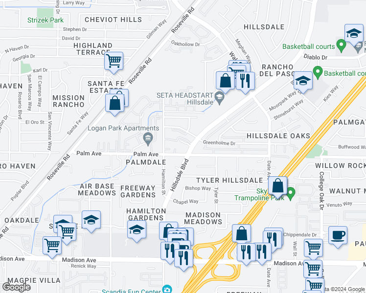 map of restaurants, bars, coffee shops, grocery stores, and more near 5560 Hillsdale Boulevard in Sacramento