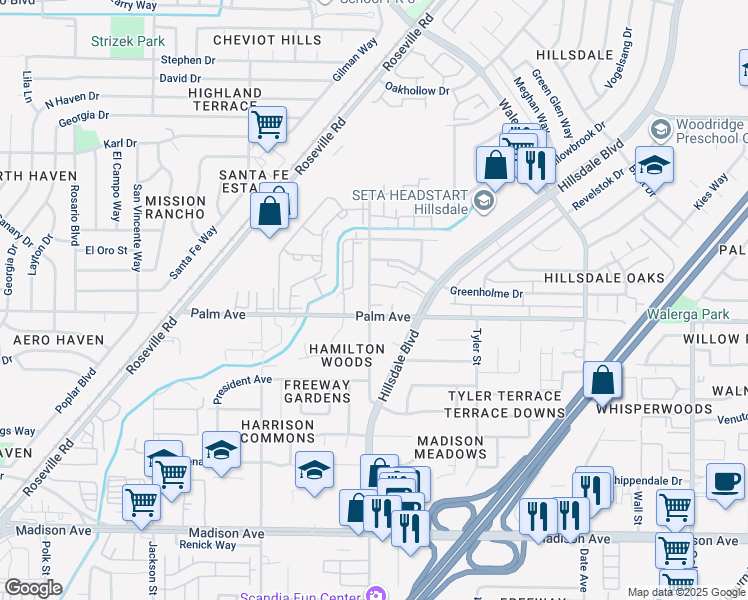 map of restaurants, bars, coffee shops, grocery stores, and more near 4315 Palm Avenue in Sacramento