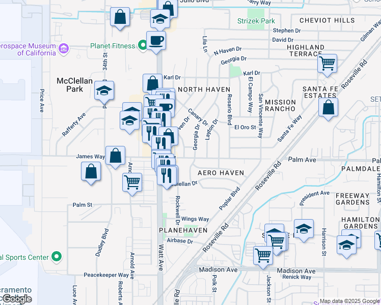 map of restaurants, bars, coffee shops, grocery stores, and more near 3651 A Street in North Highlands
