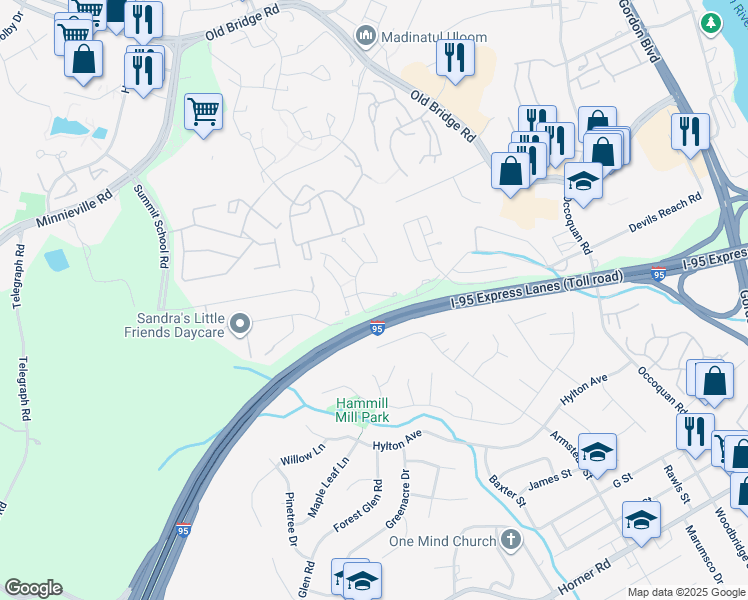 map of restaurants, bars, coffee shops, grocery stores, and more near 1797 Rochelle Court in Woodbridge