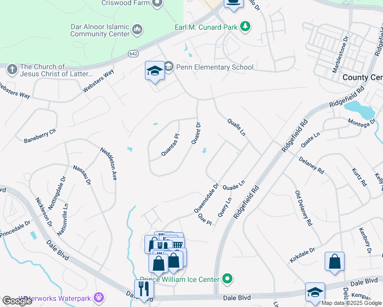 map of restaurants, bars, coffee shops, grocery stores, and more near 5470 Quaint Drive in Woodbridge