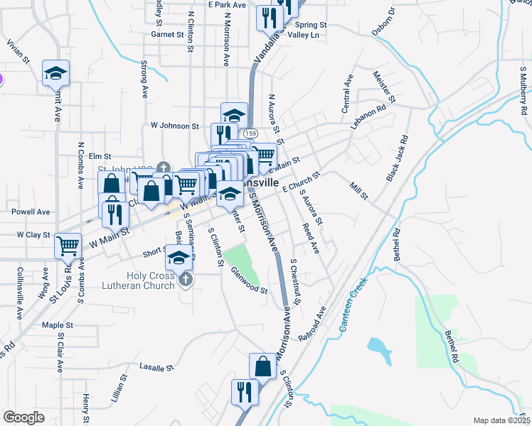 map of restaurants, bars, coffee shops, grocery stores, and more near 226 South Morrison Avenue in Collinsville