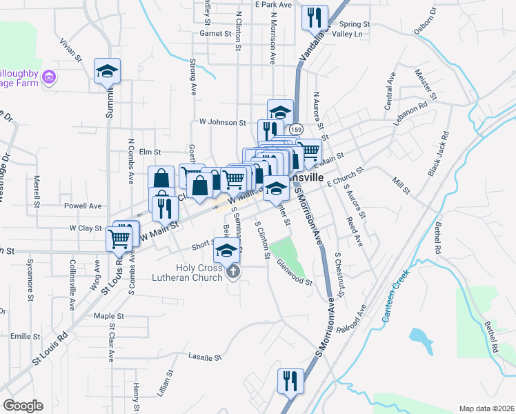 map of restaurants, bars, coffee shops, grocery stores, and more near 108 West Church Street in Collinsville