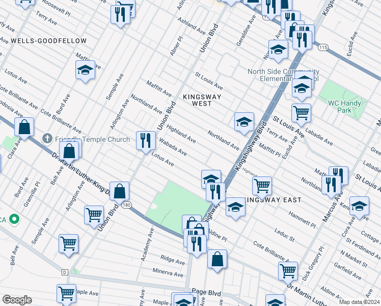 map of restaurants, bars, coffee shops, grocery stores, and more near 5144 Wabada Avenue in St. Louis
