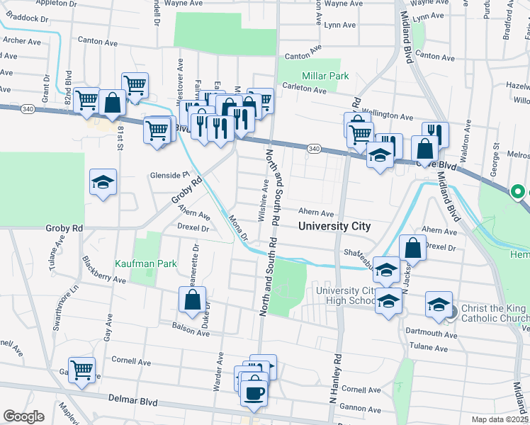 map of restaurants, bars, coffee shops, grocery stores, and more near 1080 North and South Road in University City